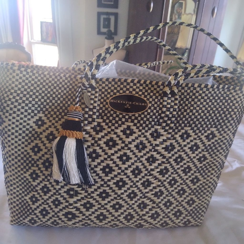NWOT Women's Mackenzie-Childs Black & Beige Woven Tote Bag One Size - Picture 2 of 14